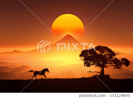 Horse, equine, horse, Year of the Horse, white horse, animal, mammal, fine horse, wild, Japan, dawn, sunrise, Horse, equine, horse, Year of the Horse, white horse, animal, mammal, fine horse, wild, Japan, dawn, sunrise, 133129693