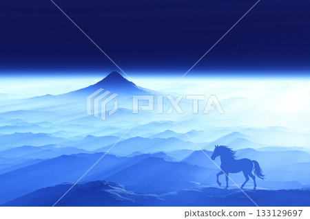 黎明與駿馬剪影,馬年圖案 黎明與駿馬剪影,馬年圖案 133129697