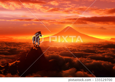 黎明時分的富士山與駿馬的剪影，構成了一幅馬年的景象。 133129700