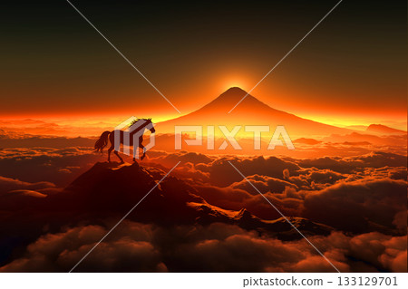 黎明時分的富士山與駿馬的剪影，構成了一幅馬年的景象。 133129701