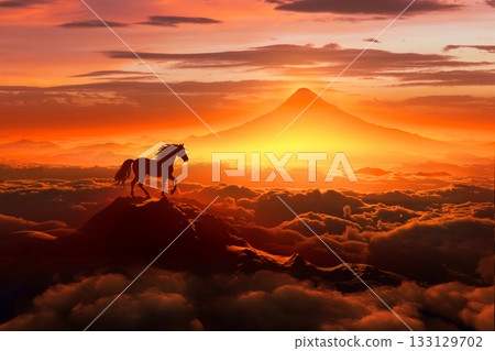 黎明時分的富士山與駿馬的剪影，構成了一幅馬年的景象。 133129702