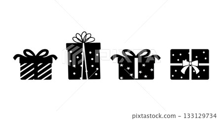 Simple monochrome illustration of a Christmas present. Christmas material. Black and white. Simple monochrome illustration of a Christmas present. Christmas material. Black and white. 133129734