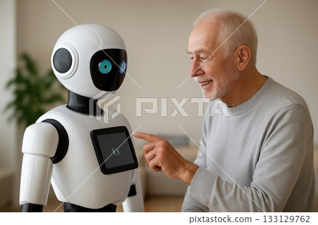 AI generated elderly man engaging with a humanoid robot in a modern wellness center. The scene showcases a seamless blend of technology and health with an intimate and uplifting atmosphere. 133129762
