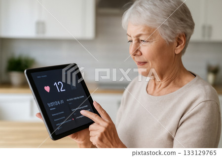 AI generated elderly woman using a tablet to check health statistics in a modern kitchen. The serene atmosphere highlights the woman focus and calm expression, evoking feelings of self-care AI generated elderly woman using a tablet to check health statistics in a modern kitchen. The serene atmosphere highlights the woman focus and calm expression, evoking feelings of self-care 133129765