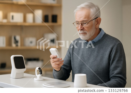 AI generated elderly man exploring modern AI-powered health devices in a tech store. The scene captures curiosity, innovation, and the integration of technology into everyday life 133129766