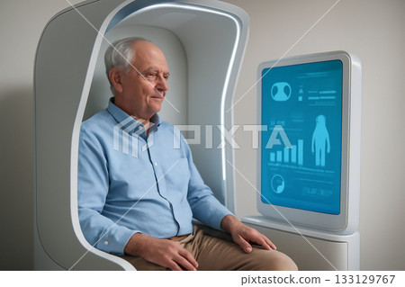 AI generated elderly man in health kiosk interacting with AI system for health check-up in modern setting. The sleek, high-tech booth offers a calm atmosphere, showcasing future of health monitoring. AI generated elderly man in health kiosk interacting with AI system for health check-up in modern setting. The sleek, high-tech booth offers a calm atmosphere, showcasing future of health monitoring. 133129767