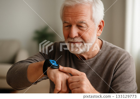 AI generated elderly man sitting comfortably at home engaging with wearable health device. The image captures the calm, thoughtful atmosphere as he interacts with modern technology 133129773