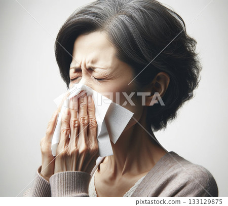 老年女性因花粉熱而鼻塞的生活方式 133129875