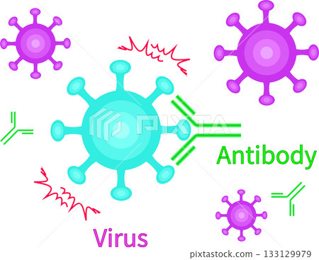 Illustration of antibodies neutralizing the virus English Illustration of antibodies neutralizing the virus English 133129979