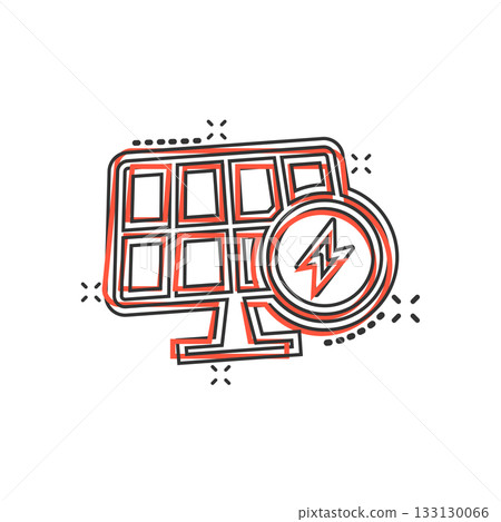 Solar panel icon in comic style. Ecology energy cartoon vector illustration on white isolated background. Electrician splash effect sign business concept. 133130066