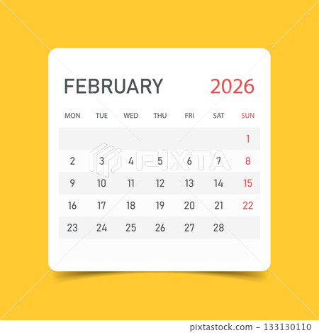Calendar february 2026 icon in flat style. Planner sticker vector illustration on yellow isolated background. Calender sign business concept. 133130110