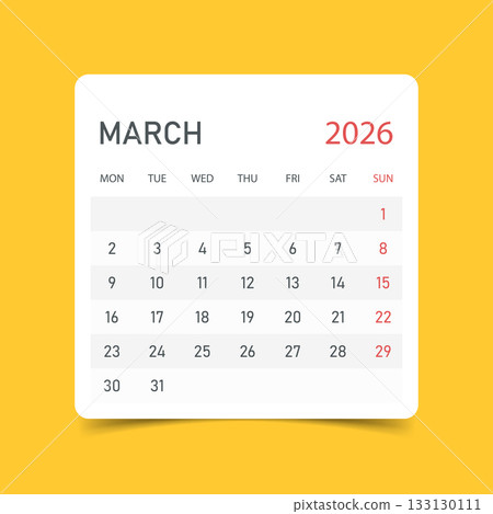 Calendar march 2026 icon in flat style. Planner sticker vector illustration on yellow isolated background. Calender sign business concept. 133130111