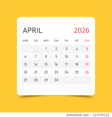 Calendar april 2026 icon in flat style. Planner sticker vector illustration on yellow isolated background. Calender sign business concept. 133130112