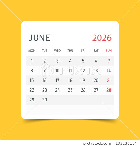 Calendar june 2026 icon in flat style. Planner sticker vector illustration on yellow isolated background. Calender sign business concept. 133130114