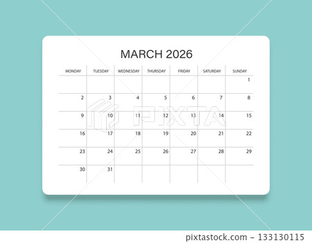 March 2026 calendar in flat style. Planner sticker vector illustration on isolated background. Calender sign business concept. 133130115