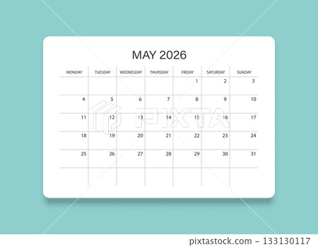 May 2026 calendar in flat style. Planner sticker vector illustration on isolated background. Calender sign business concept. 133130117