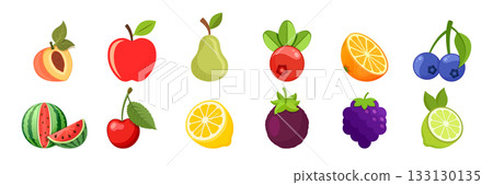 Natural tropical fruits icon set collection in flat style. Tropical plant vector illustration on isolated background. Healthy food sign business concept. 133130135