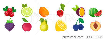 Natural tropical fruits icon set collection in flat style. Tropical plant vector illustration on isolated background. Healthy food sign business concept. 133130136