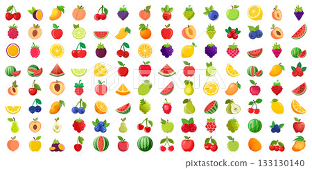 Natural tropical fruits icon set collection in flat style. Tropical plant vector illustration on isolated background. Healthy food sign business concept. 133130140