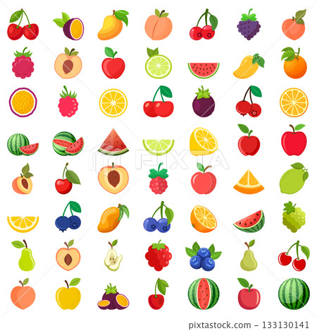Natural tropical fruits icon set collection in flat style. Tropical plant vector illustration on isolated background. Healthy food sign business concept. 133130141