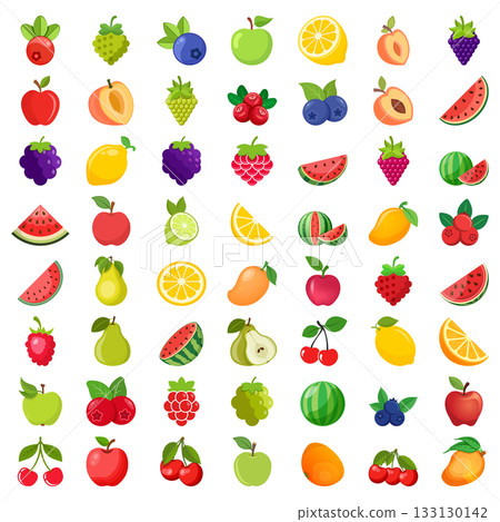 Natural tropical fruits icon set collection in flat style. Tropical plant vector illustration on isolated background. Healthy food sign business concept. 133130142