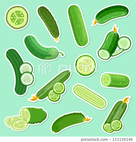 Cucumber vegetable icon set collection in flat style. Gherkin plant sticker vector illustration on isolated background. Healthy food sign business concept. Cucumber vegetable icon set collection in flat style. Gherkin plant sticker vector illustration on isolated background. Healthy food sign business concept. 133130146
