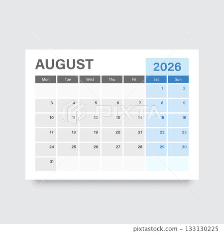 Calendar august 2026 icon in flat style. Planner vector illustration on isolated background. Calender sign business concept. Calendar august 2026 icon in flat style. Planner vector illustration on isolated background. Calender sign business concept. 133130225
