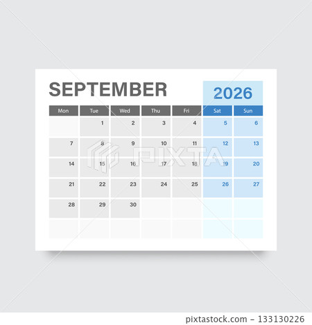 Calendar september 2026 icon in flat style. Planner vector illustration on isolated background. Calender sign business concept. 133130226