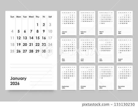 Calendar 2026 year icon in flat style. Planner vector illustration on isolated background. Calender sign business concept. Calendar 2026 year icon in flat style. Planner vector illustration on isolated background. Calender sign business concept. 133130230