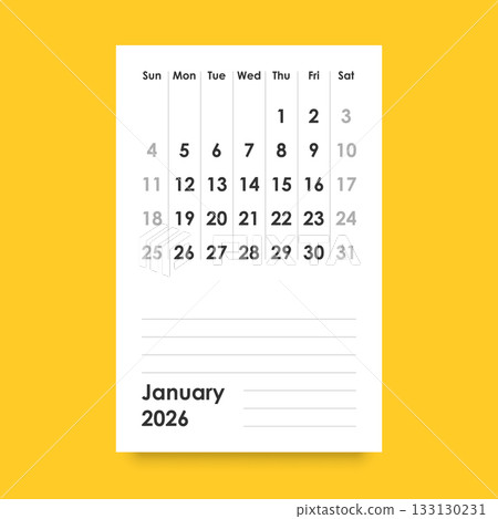 Calendar january 2026 icon in flat style. Planner vector illustration on isolated background. Calender sign business concept. 133130231