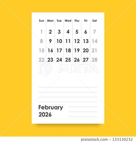 Calendar february 2026 icon in flat style. Planner vector illustration on isolated background. Calender sign business concept. 133130232