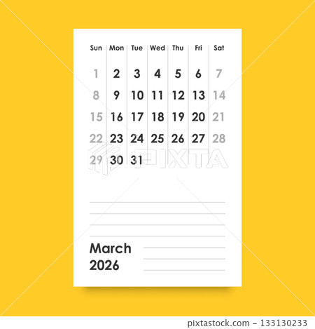 Calendar march 2026 icon in flat style. Planner vector illustration on isolated background. Calender sign business concept. 133130233