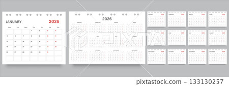 Calendar 2026 year icon in flat style. Planner vector illustration on isolated background. Calender sign business concept. 133130257