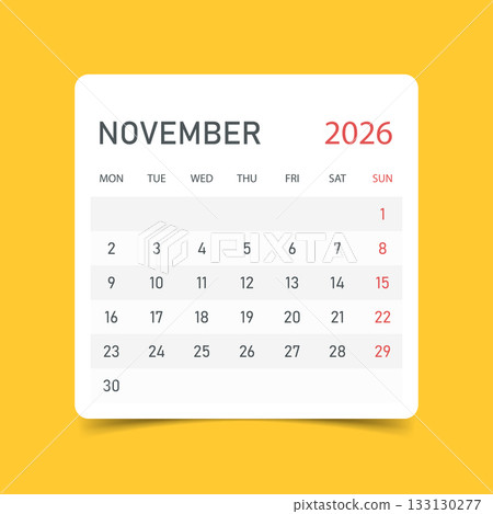 Calendar november 2026 icon in flat style. Planner sticker vector illustration on yellow isolated background. Calender sign business concept. Calendar november 2026 icon in flat style. Planner sticker vector illustration on yellow isolated background. Calender sign business concept. 133130277