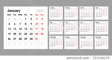 Calendar 2026 year icon in flat style. Planner vector illustration on isolated background. Calender sign business concept. Calendar 2026 year icon in flat style. Planner vector illustration on isolated background. Calender sign business concept. 133130279