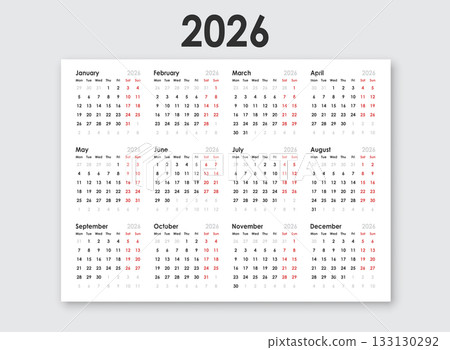 Calendar 2026 year icon in flat style. Planner vector illustration on isolated background. Calender sign business concept. Calendar 2026 year icon in flat style. Planner vector illustration on isolated background. Calender sign business concept. 133130292
