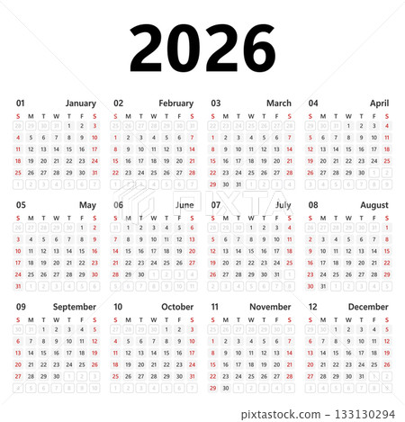 Calendar 2026 year icon in flat style. Planner vector illustration on isolated background. Calender sign business concept. 133130294