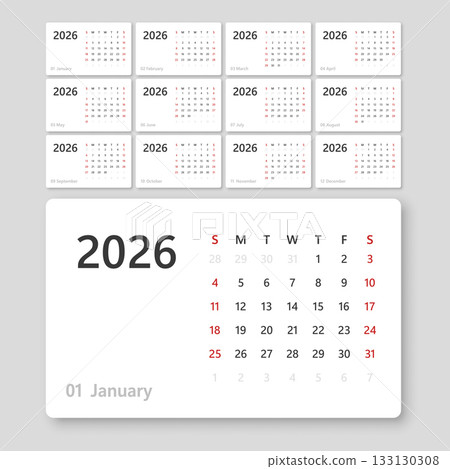 Calendar 2026 year icon in flat style. Planner vector illustration on isolated background. Calender sign business concept. 133130308