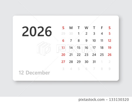 December 2026 calendar in flat style. Planner sticker vector illustration on isolated background. Calender sign business concept. December 2026 calendar in flat style. Planner sticker vector illustration on isolated background. Calender sign business concept. 133130320