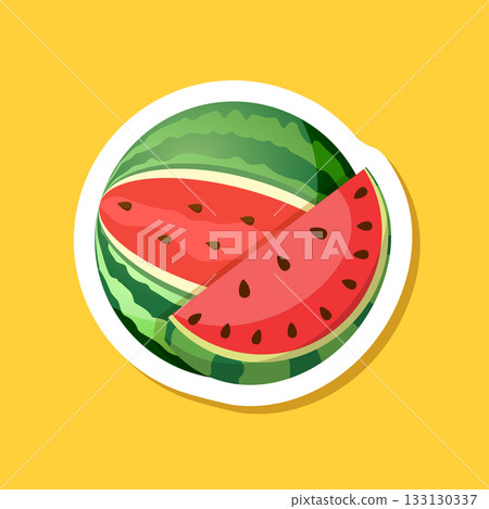 Watermelon sticker icon in flat style. Fresh sweet and healthy fruit vector illustration on isolated background. Summer food sign business concept. Watermelon sticker icon in flat style. Fresh sweet and healthy fruit vector illustration on isolated background. Summer food sign business concept. 133130337