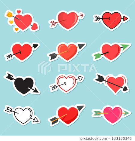 Heart with arrow sticker icon set collection in flat style. Valentines day vector illustration on isolated background. Amour sign business concept. Heart with arrow sticker icon set collection in flat style. Valentines day vector illustration on isolated background. Amour sign business concept. 133130345