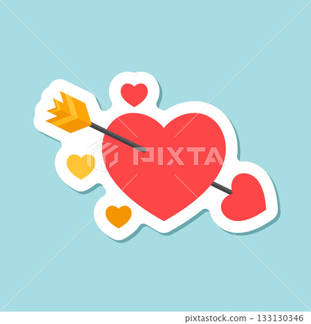 Heart with arrow sticker  icon in flat style. Valentines day vector illustration on isolated background. Amour sign business concept. 133130346