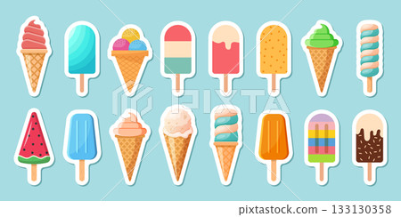 Ice cream sticker icon set collection in flat style. Tasty dessert vector illustration on isolated background. Sweet eating sign business concept. Ice cream sticker icon set collection in flat style. Tasty dessert vector illustration on isolated background. Sweet eating sign business concept. 133130358