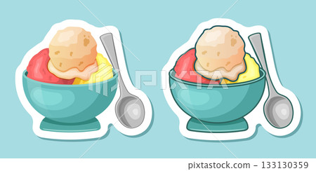Ice cream sticker icon in flat style. Tasty dessert vector illustration on isolated background. Sweet eating sign business concept. Ice cream sticker icon in flat style. Tasty dessert vector illustration on isolated background. Sweet eating sign business concept. 133130359