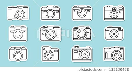 Photo camera sticker icon set in flat line style. Photography equipment vector illustration on isolated background. Professional photographic sign business concept. 133130438