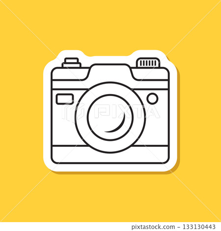 Photo camera sticker icon in flat line style. Photography equipment vector illustration on isolated background. Professional photographic sign business concept. Photo camera sticker icon in flat line style. Photography equipment vector illustration on isolated background. Professional photographic sign business concept. 133130443