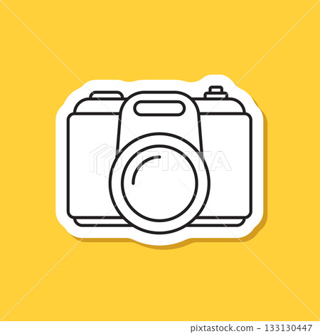 Photo camera sticker icon in flat line style. Photography equipment vector illustration on isolated background. Professional photographic sign business concept. 133130447