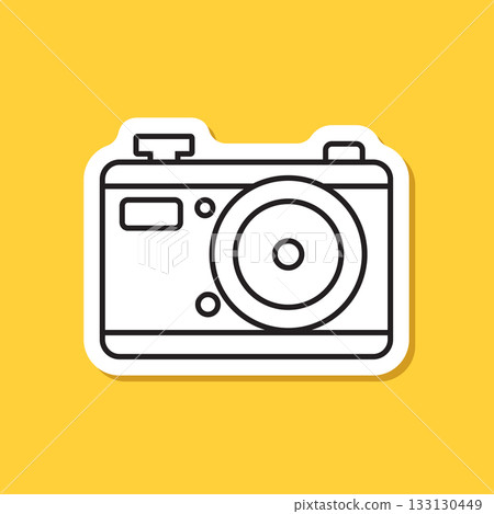 Photo camera sticker icon in flat line style. Photography equipment vector illustration on isolated background. Professional photographic sign business concept. 133130449