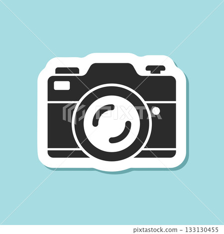 Photo camera sticker icon in flat style. Photography equipment vector illustration on isolated background. Professional photographic sign business concept. 133130455