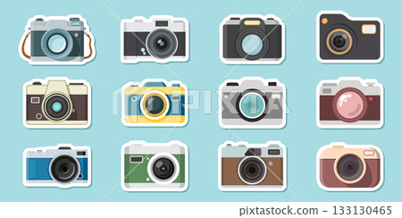 Photo camera sticker icon set in flat style. Photography equipment vector illustration on isolated background. Professional photographic sign business concept. 133130465